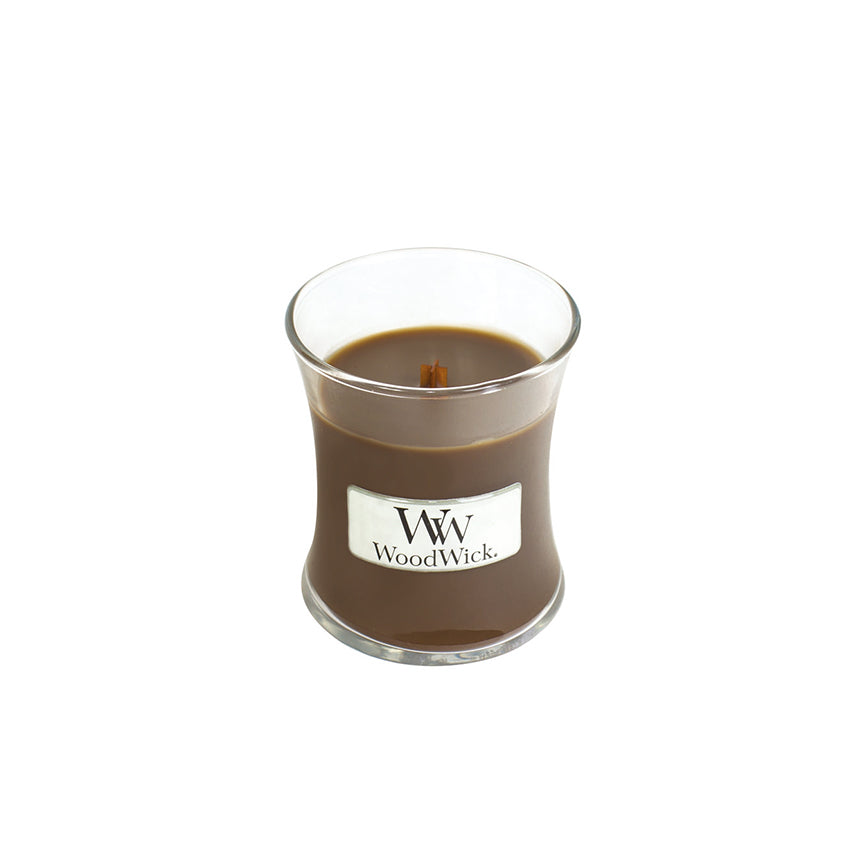 WoodWick Amber & Incense mini candle met knisperende houten lont
