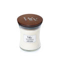WoodWick Island Coconut medium sojawas geurkaars met knisperende houten lont voor het open haard effect