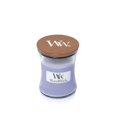 WoodWick Lavender Spa mini sojawas geurkaars met knisperende houten lont voor open haard effect.