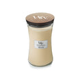 WoodWick Vanilla Bean Large sojawas geurkaars met knisperende houten lont voor open haard effect.