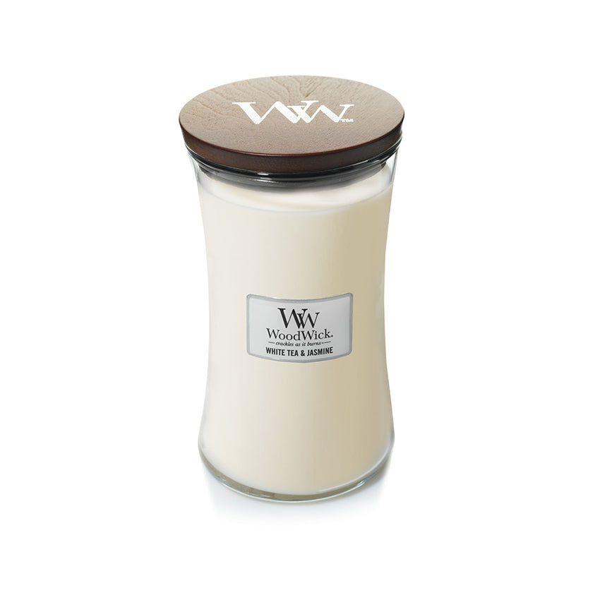 WoodWick White Tea & Jasmine large sojawas geurkaars met knisperende houten lont voor het open haard effect