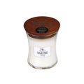 WoodWick White Tea & Jasmine medium sojawas geurkaars met knisperende houten lont voor het open haard effect